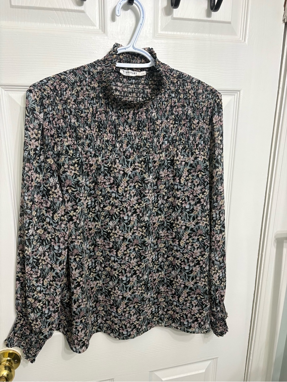 Reitmans Black Floral Smocked Neck Long Sleeve Blouse